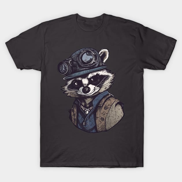 Shifty Cartoon Steampunk Raccoon T-Shirt by Obotan Mmienu
